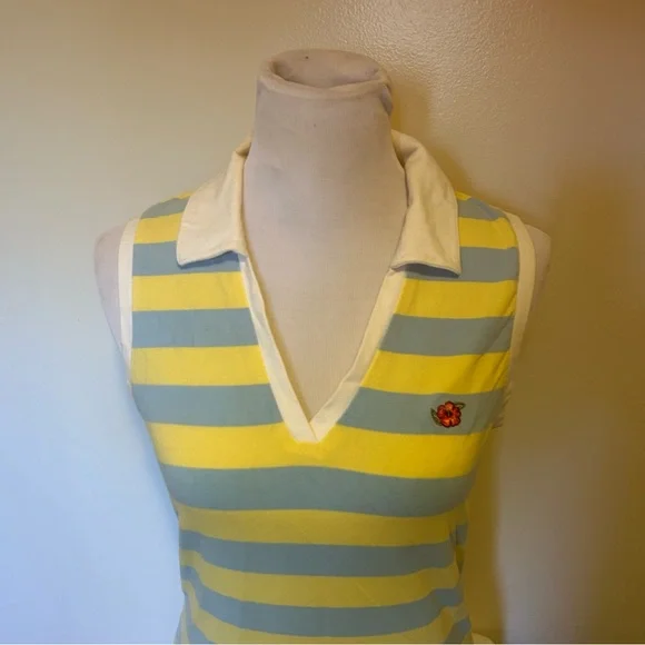 Y2K So Brand Sleeveless V-Neck Polo Top Yellow & Light Blue Stripes Juniors L - Picture 3 of 5